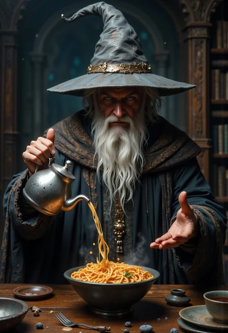 An old wizard with a white beard, wearing gray wizard hat and robe casting a spell to pour hot water out from a floating kettle into a cup noodles, indoors, old library, messy library, real life, 4k, high quality, (floating kettle pouring water, levitation, mid air), magic, floating objects, cup noodles inside a bowl, magic spell emanating from wizard's hands,