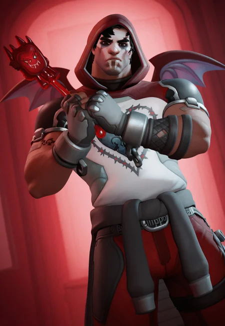 3d, source_realistic, male focus, reaper \(heartbreaker\) \(overwatch\), muscular, thin face, bara, short hair, black hair, brown eyes, scar on face, scar on cheek, facial hair, facepaint, red hood, shirt, black tattoo, fingerless gloves, bandaid, clothes around waist, belt, red pant, red devil wing, holding lolipop, dynamic angles, dynamic pose, angle tilt, dutch angle, very awa, masterpiece, looking at viewer, cute face, best quality, absurdres, ultra-detailed face, newest, perfect quality, detailed background, depth of field, intricate details, high contrast, vivid lighting, rendered artistically, impressive, extremely detailed, rim light,