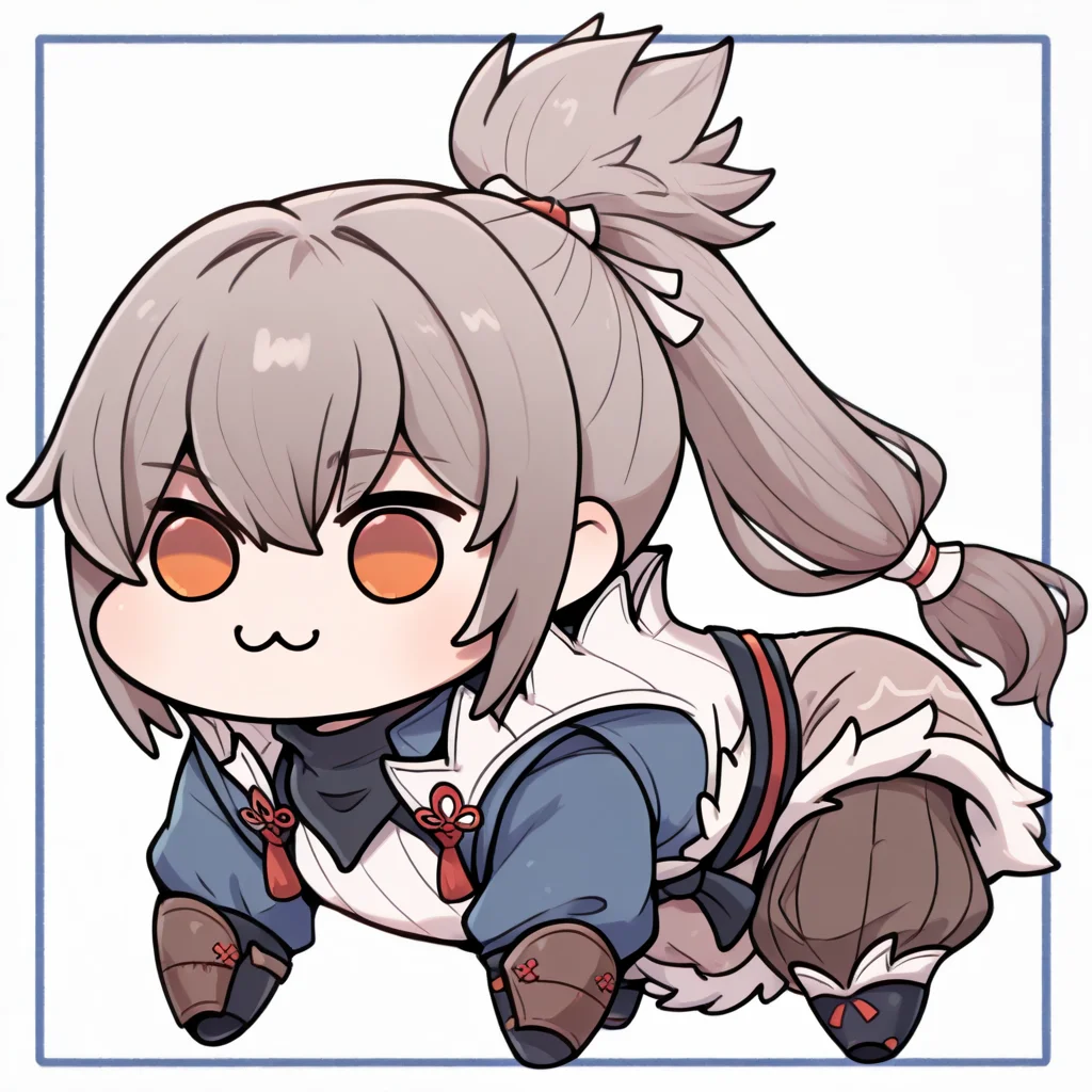 masterpiece, best quality, 1boy, <lora:TakumiFE-illu:1> dfTaku, grey hair, ponytail, long hair, red hair ribbon, orange eyes, japanese clothes, black neckerchief, white vest, high collar, blue shirt, sash, fur trim, brown vambraces, black gloves, armor, beige skirt, brown pants, baggy pants, <lora:doro_xypher_ixl_v1:1> doro, :3, chibi, no pupils, solid circle eyes, full body, white skin, all fours, white background