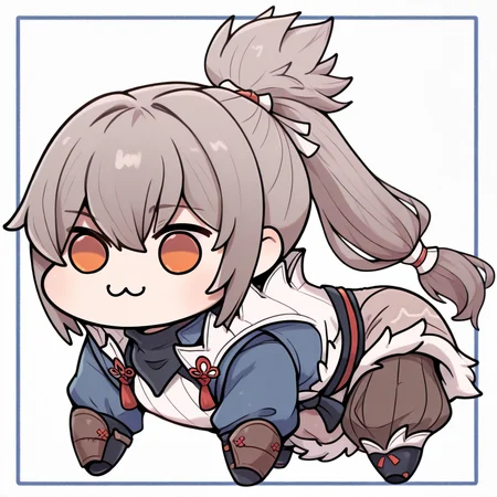masterpiece, best quality, 1boy, <lora:TakumiFE-illu:1> dfTaku, grey hair, ponytail, long hair, red hair ribbon, orange eyes, japanese clothes, black neckerchief, white vest, high collar, blue shirt, sash, fur trim, brown vambraces, black gloves, armor, beige skirt, brown pants, baggy pants, <lora:doro_xypher_ixl_v1:1> doro, :3, chibi, no pupils, solid circle eyes, full body, white skin, all fours, white background