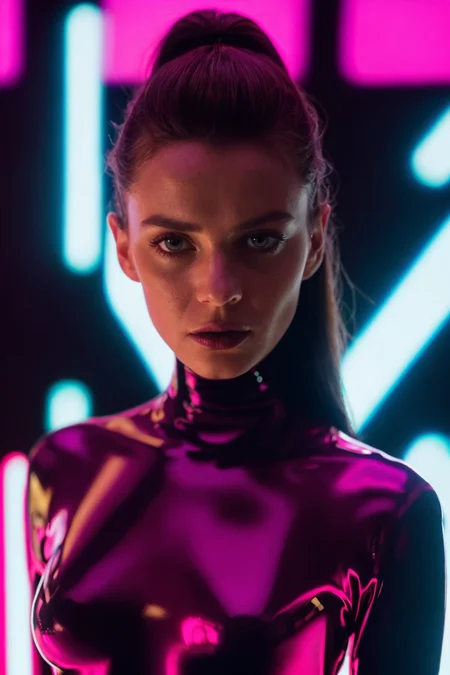 Film still, cinematic, close up portrait of a cute woman, wearing black latex bodysuit, shot on film, sharp focus, shot on canon, neon colors, backlit, rim light, synthwave, by David Fincher, ((low key, barely lit, mind bending, trippy background, inter dimensional, slow shutter speed, motion blur)), detailed skin texture, detailed eyes,