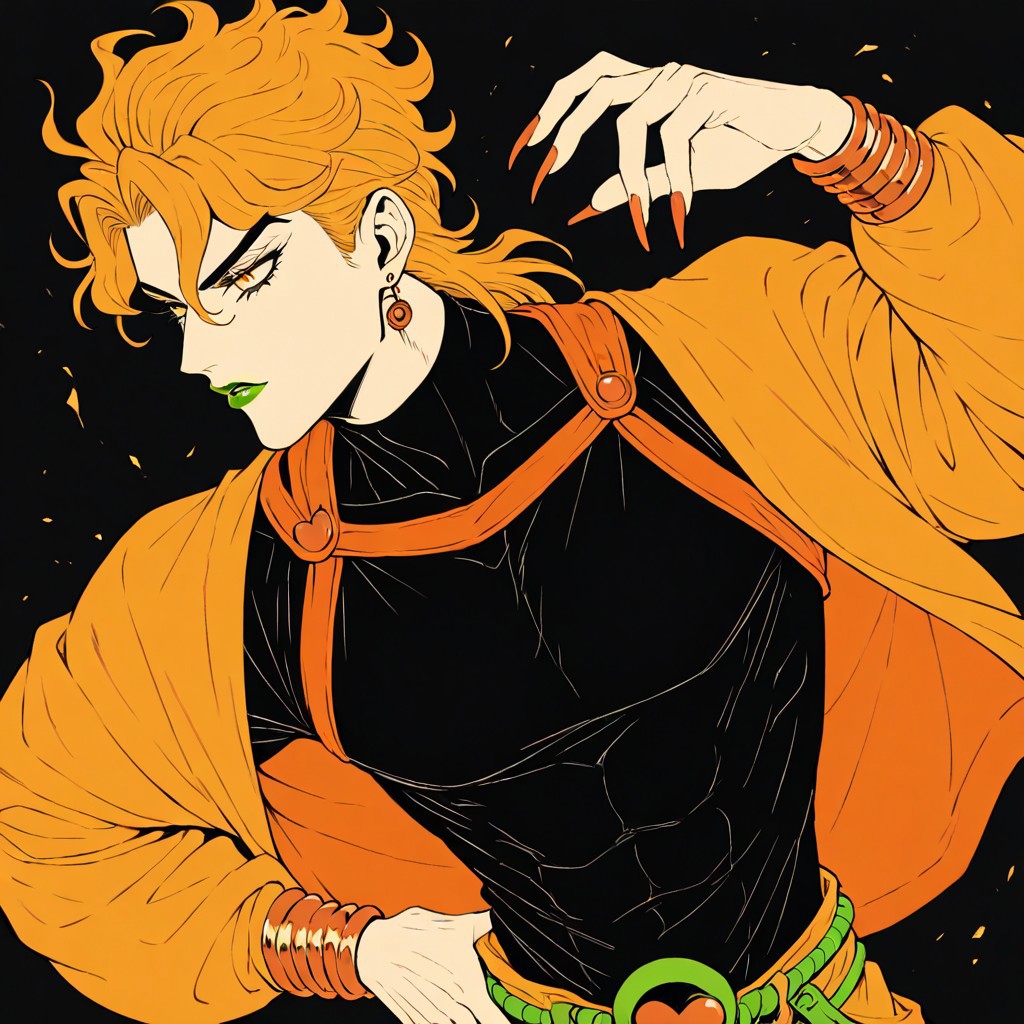 masterpiece, best quality, newest, absurdres, highres,  AGPV1.1, orange backgrond, monochrome,
1boy, dio brando \(jojo no kimyou na bouken\), blonde, green lipstick, long fingernails, green lips, jewelry, yellow eyes, yellow jacket, black shirt,