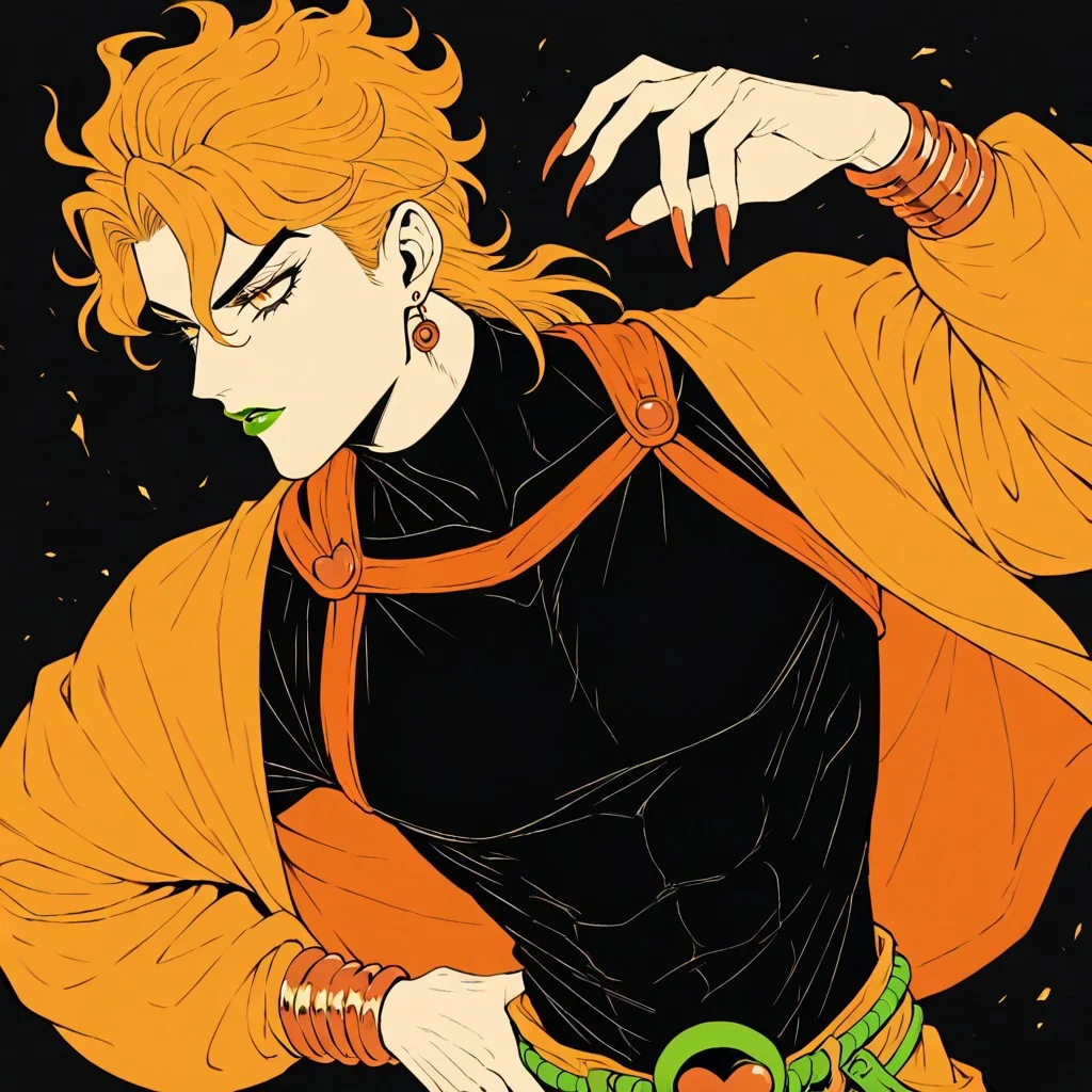 masterpiece, best quality, newest, absurdres, highres, AGPV1.1, orange backgrond, monochrome,
1boy, dio brando \(jojo no kimyou na bouken\), blonde, green lipstick, long fingernails, green lips, jewelry, yellow eyes, yellow jacket, black shirt,