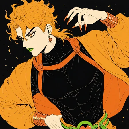 masterpiece, best quality, newest, absurdres, highres, AGPV1.1, orange backgrond, monochrome,
1boy, dio brando \(jojo no kimyou na bouken\), blonde, green lipstick, long fingernails, green lips, jewelry, yellow eyes, yellow jacket, black shirt,