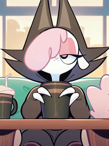 score_9, score_8_up, score_7_up, score_6_up, score_5_up, score_4_up, source_furry, Cofi_PonyXL, on_model, hood_up, claws, triangle mouth,sitting, cafe, drinking, coffee mug, holding cup, <lora:Cofi-PonyXL-v2:1.0>