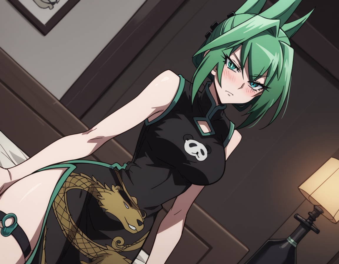score_9, score_8_up, score_7_up, source_anime,
juntao, <lora:jun-tao-2021-s1-ponyxl-lora-nochekaiser:1>,
jun tao, green eyes, green hair, hair between eyes,
animal print, bear print, black dress, china dress, chinese clothes, dress, air, hip vent, panda print, side slit, sleeveless, sleeveless dress, thigh strap,
indoors, bed, bed room, on side, blush, drunk,
looking at viewer, cowboy shot, solo, dutch angle