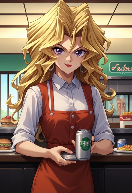 score_9, score_8_up,score_7_up, source_anime, rating_safe, 1girl, solo, <lora:EPygKujakuMai:1>, EPygKujakuMai, purple eyes, blonde hair, long hair, wavy hair, hair between eyes, hair intakes, hoop earrings, red lips, indoors, diner, holding, coffee can, waitress, tray, serving, standing, smile