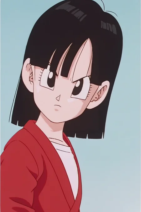 source_anime, score_9, score_8_up, score_7_up, anime screencap,8k, absurd res,
pan \(dragon ball\), 1girl, solo, looking at viewer, short hair, bangs, black hair, closed mouth, upper body, black eyes, frown, blue background, serious, female child, fake screenshot, 1990s \(style\), dougi, red topwear, white undershirt, v-shaped eyebrows, head tilt, from side, retro artstyle
<lora:panRemake_pony_v1:0.8>