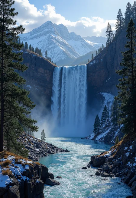 Create a highly detailed,high-resolution image of a majestic waterfall in a pristine winter landscape. Evergreen trees surround both sides of the falls and the river below,the water returning to it's serene state after the violent fall from above. Far beyond the waterfall,snow-capped mountains are visible with sun rays peeking through low clouds. A breathtaking,magical image.,<lora:flux.1_lora_flyway_Epic-detail_v2:0.8>,
