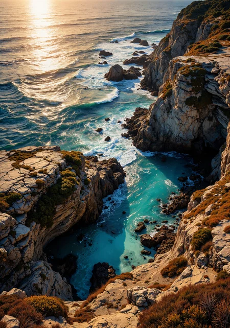 Sweeping aerial view of a rugged coastal bluff with intricate rocky textures and shimmering tide pools, bathed in golden hour light. Dynamic low-angle perspective capturing wild, windswept flora nestled within weathered crevices, vibrant spatial composition, vivid cerulean waves crashing against detailed, textured sands. 8k resolution, masterpiece quality, hyper-detailed natural gradients and ambient light accents, sharp focus, atmospheric brilliance enhancing the coastal seascape. <lora:FluxMythG0thicL1nes:0.6> <lora:Illustration_Style_IV:0.8> <lora:Vintage comic book:0.2> <lora:flux_dev:1>
