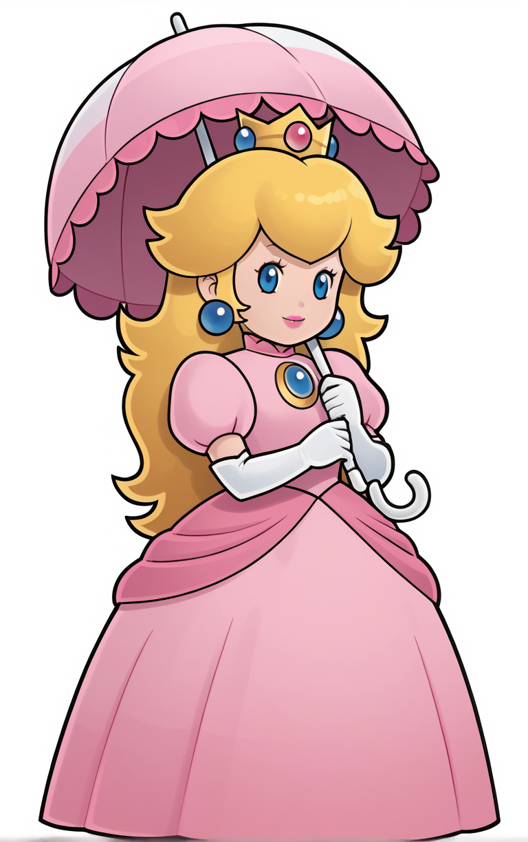 score_9, score_8_up, score_7_up, looking at viewer,  BREAK
Umbrella_PaperPeech_ownwaifu, 
princess peach, 1girl, blonde hair, umbrella, pink dress, long hair, elbow gloves, crown, jewelry, earrings, parasol, lipstick, chibi, outline, gem, white gloves, long dress, puffy short sleeves, solid oval eyes
(contrapposto, hand on hip),
<lora:PONYXL_PaperPeech_ownwaifu:0.8>