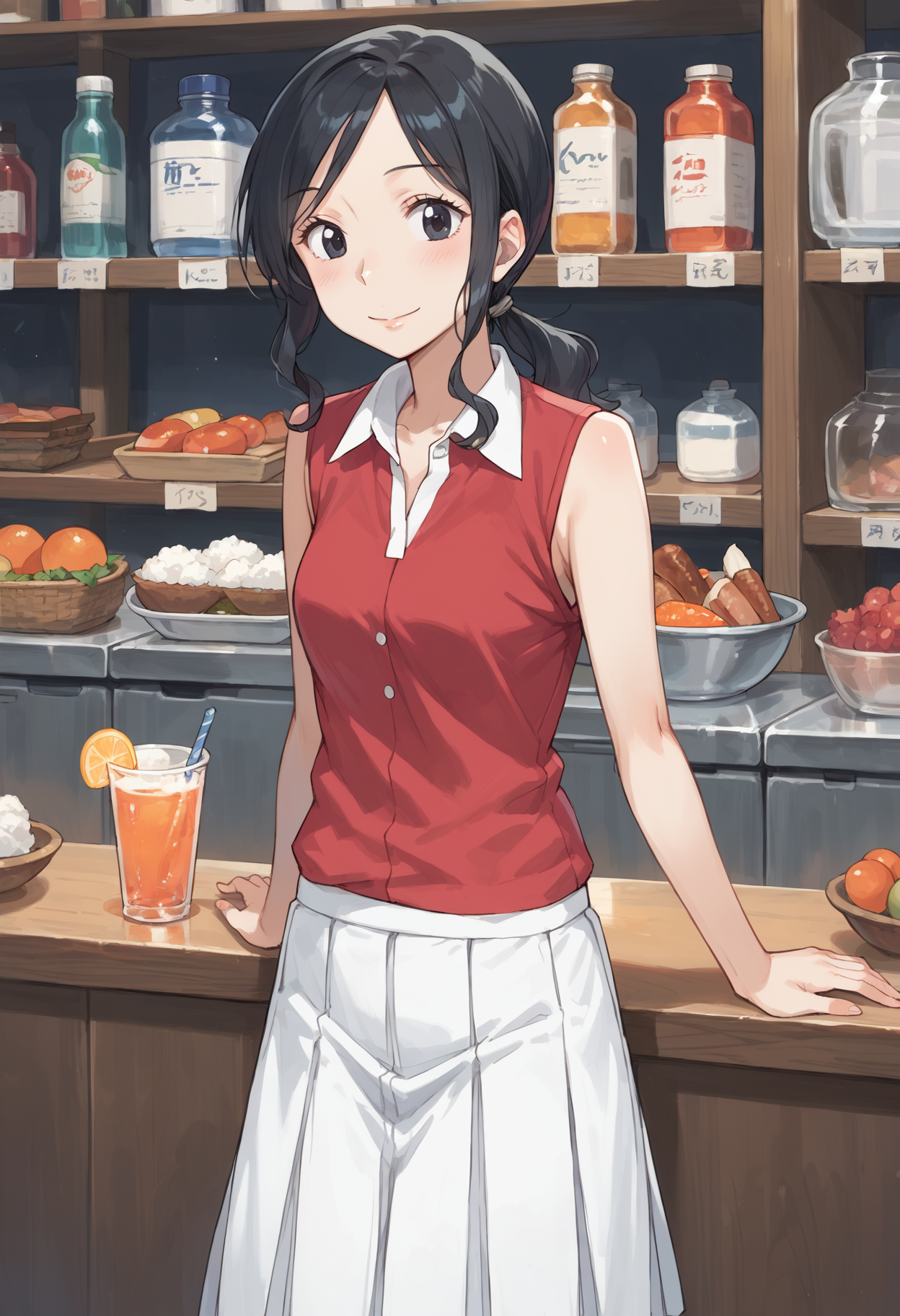 score_9, score_8_up, score_7_up, , source_anime, 1girl, solo,,koukimama, 1girl, solo, black hair,low ponytail, collared shirt, long hair,  sleeveless, , long skirt, pleated skirt, sidelocks. cowboy shot,white skirt,   <lora:koukimama_pony4:0.8>, looking at viewer, red shirt,  black eyes,  smile, counter,