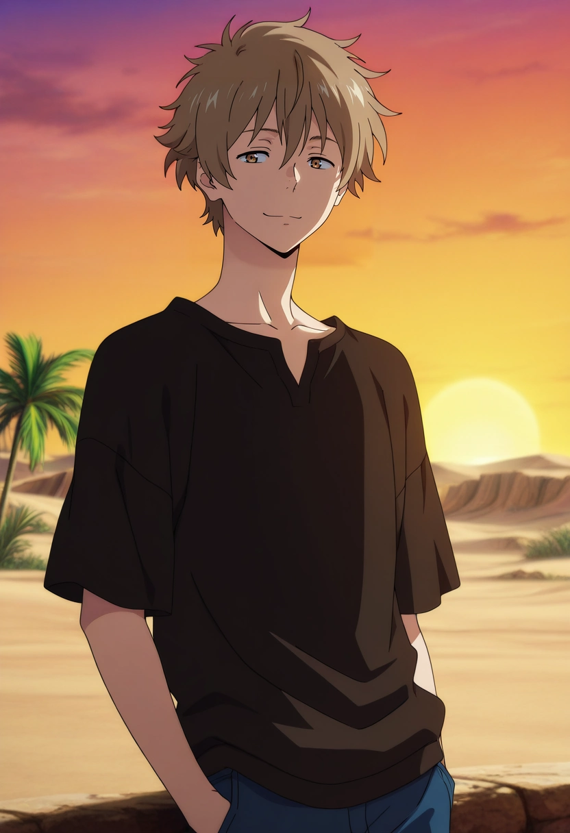 masterpiece, best quality, , anime screencap, anime coloring, official style, , 1boy, solo, male focus, <lora:shun_hashimoto_ilxl:0.94>, shun_hashimoto, brown hair, brown eyes, short hair, desert oasis, palm gardens, cool springs, shaded alcoves, lounging pose, relaxed expression, sunset glow,