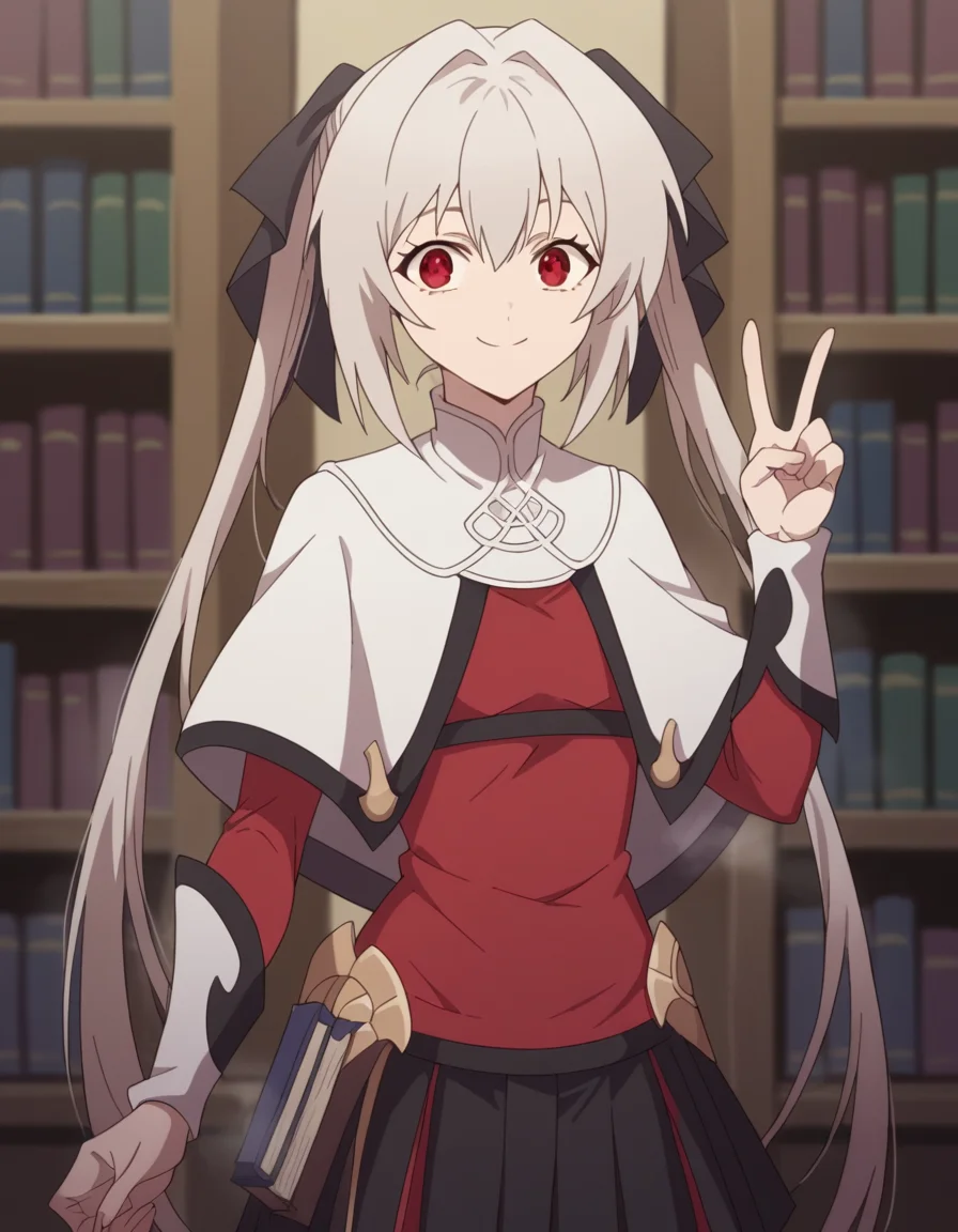 score_9, score_8_up, score_7_up, source_anime, <lora:lynneburg-clays-s1-ponyxl-lora-nochekaiser:1>, lynneburg clays, long hair, red eyes, twintails, grey hair, hair intakes, hair ribbon,, pantyhose, capelet, white capelet, dress, red dress, long sleeves, skirt, black skirt, pleated skirt,, bookstore, browsing shelves, new book smell, finding a favorite, quiet atmosphere, , looking at viewer, v, v over eyes, smile, solo,, cowboy shot, dutch angle
