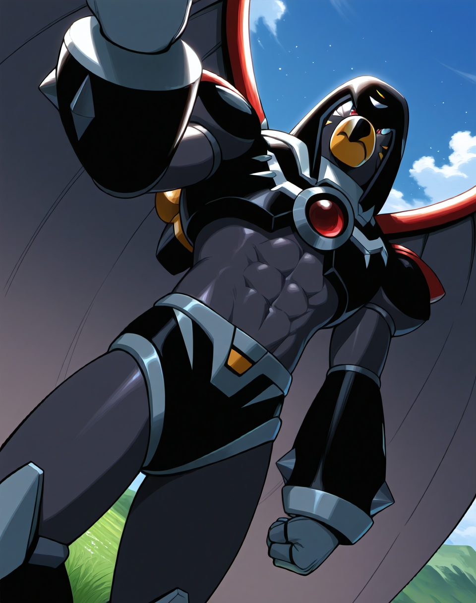 <lora:Flame_Falcon_(Mega_Man_X)_(Illustrious)_(AD):1.35> Flame Falcon, reploid, MMX, 
exterior, blue sky with clouds, mountain valley, grassy valley,
dutch angle, dynamic action, cowboy shot,
male focus, intense shadows, dynamic shadows, intricate details, attention to details, gradient coloring, robot, bright vivid colors, deep metallic colors, glossy metal body, wings, beak, abs, evil villain, 
BREAK very awa, masterpiece, best quality, amazing quality, very aesthetic, highres, absurdres,
EZRealPONYXL, zPDXL, Smooth Quality, lazynsfw,