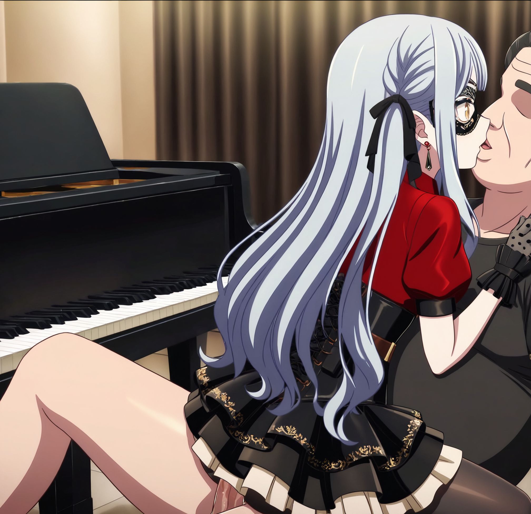 masterpiece, best quality, newest, absurdres, highres, detailed eyes, beautiful, detailed background, perfect eyes, anime coloring, anime screencap,
<lora:Erotic_Pianist:0.7> Erotic_ianistV1,
piano,1girl,hetero,1boy,cowgirl position, from side, 
instrument,ass,sex,penis,sitting,imminent kiss, piano bench,
stting sex, face to face,girl on top,sitting on lap, cuddling, 
fat man,ugly man, faceless male, 
<lora:Togawa SakikoV1-IL:0.8>,twintails,braid,Togawa Sakiko,blue hair,long hair,bangs,blunt bangs,wavy hair,two side up,perforrm,perforrm mask,perforrm eyepatch,perforrm earrings,perforrm jewelry,perforrm ribbon,perforrm hair ribbon,perforrm black ribbon,perforrm shirt,perforrm red shirt,perforrm collared shirt,perforrm short sleeves,perforrm puffy sleeves,perforrm puffy short sleeves,perforrm ascot,perforrm brooch,perforrm black ascot,perforrm frills,perforrm gloves,perforrm black gloves,perforrm corset,perforrm dress,perforrm layered dress,perforrm frilled dress,perforrm skirt,perforrm black skirt,perforrm pantyhose,perforrm black pantyhose,