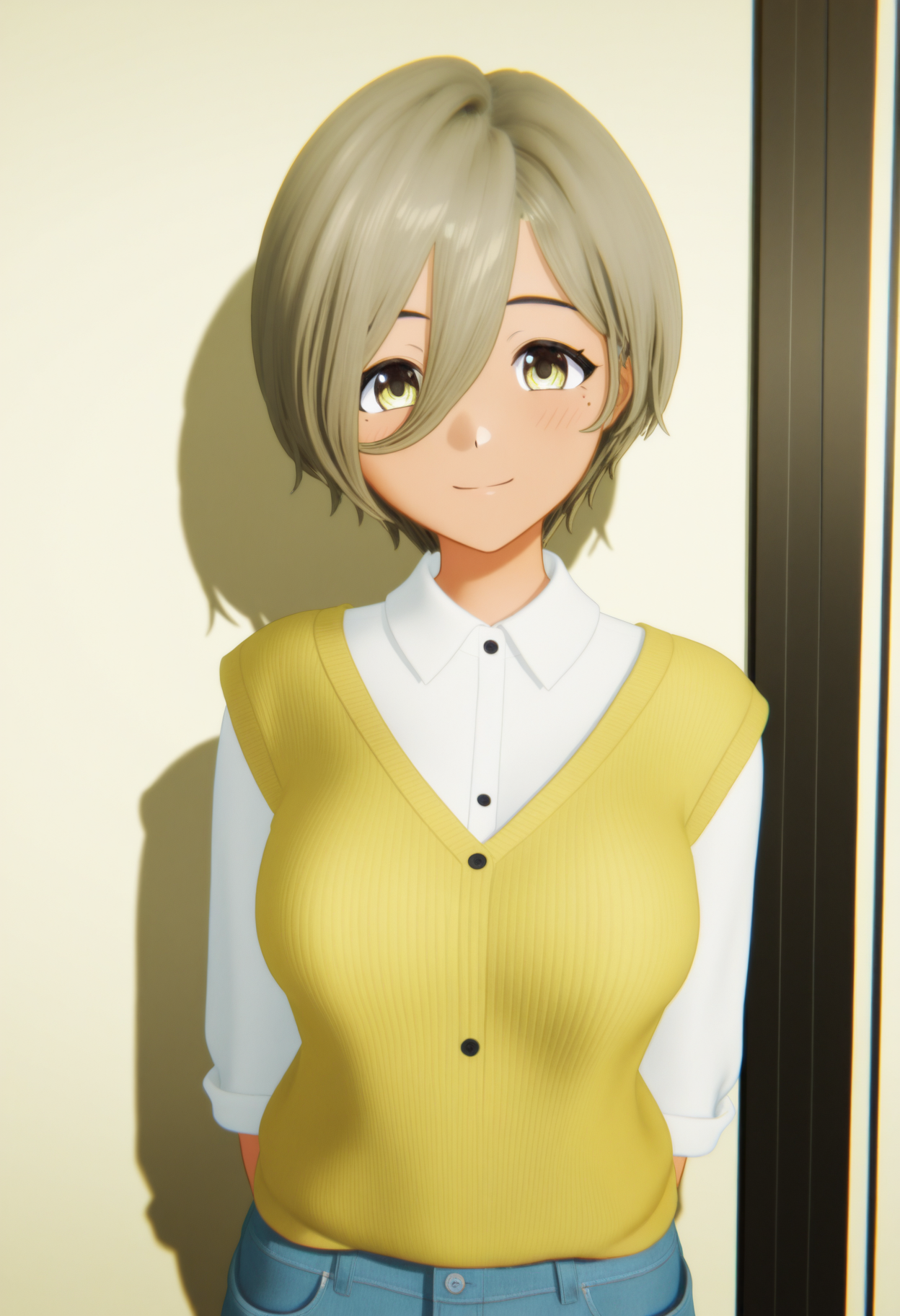 <lora:GBC_RUPA_illustrious-000042:1>,
GBC_RUPA,1girl,yellow eyes,hair between eyes,mole under eye,gray green hair,short hair,smile,mole,white shirt,looking at viewer,collared shirt,upper body,solo,closed mouth,breasts,cardigan,blush,sweater vest,yellow sweater,cowboy_shot,denim_shorts,3D