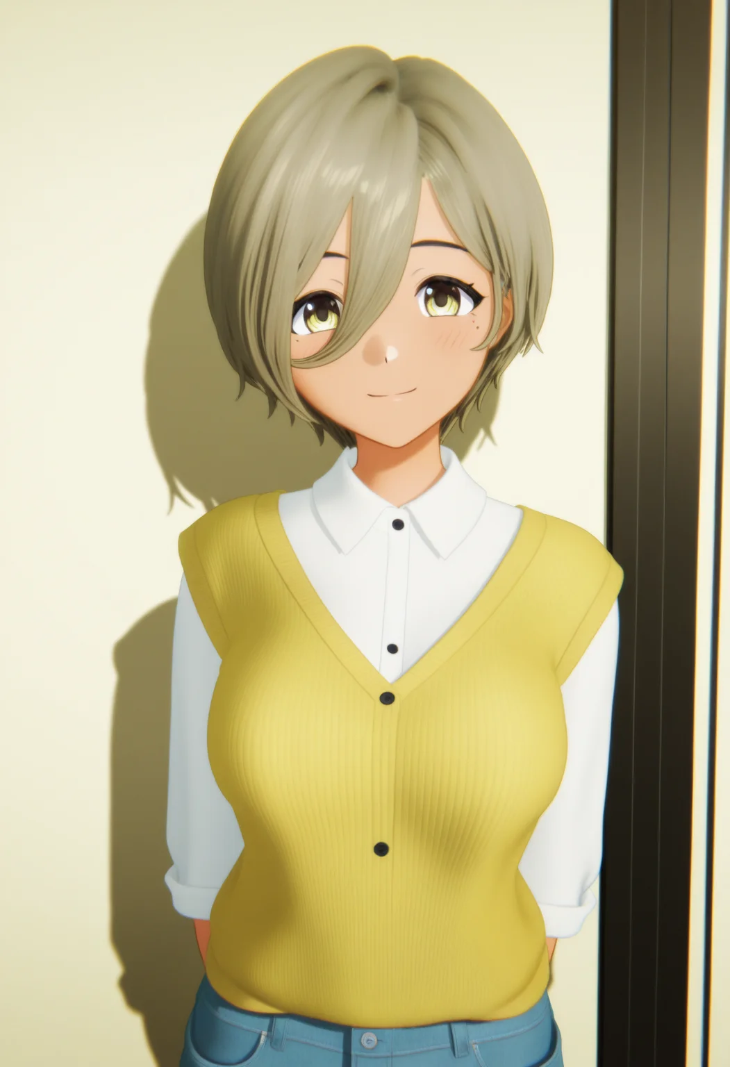 <lora:GBC_RUPA_illustrious-000042:1>,
GBC_RUPA,1girl,yellow eyes,hair between eyes,mole under eye,gray green hair,short hair,smile,mole,white shirt,looking at viewer,collared shirt,upper body,solo,closed mouth,breasts,cardigan,blush,sweater vest,yellow sweater,cowboy_shot,denim_shorts,3D