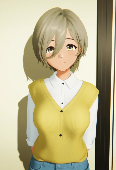 <lora:GBC_RUPA_illustrious-000042:1>,
GBC_RUPA,1girl,yellow eyes,hair between eyes,mole under eye,gray green hair,short hair,smile,mole,white shirt,looking at viewer,collared shirt,upper body,solo,closed mouth,breasts,cardigan,blush,sweater vest,yellow sweater,cowboy_shot,denim_shorts,3D