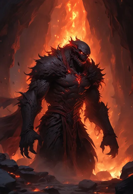 "Inside a vast, dark volcanic cave, the walls glow with the fiery red-orange light of molten lava flowing through cracks in the stone. In the center of the cave stands Shadow Fiend, Nevermore, a towering, menacing figure cloaked in darkness and shadowy flames. His glowing red eyes pierce through the gloom as he stands tall, his sharp claws outstretched, radiating an aura of dread and power. The ground beneath him is scorched, with small embers rising around his feet. He looks down the cave tunnel with a mix of impatience and malevolence, waiting for a worthy challenger to step into his domain. The scene is filled with an intense, oppressive atmosphere, with smoke and heat swirling in the air, making the cave feel like the very heart of a volcano."