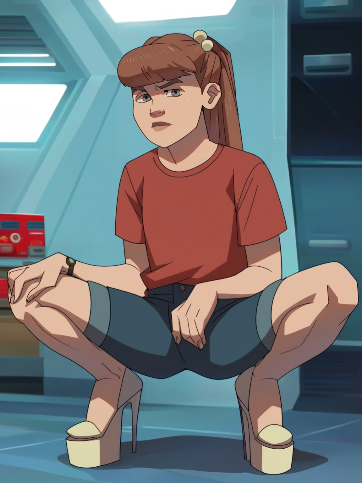 <lora:monster_girlv2:1> m_g, 1girl, brown ponytail hair, bangs, hairpin, small body, skinny body, grey eyes,
looking at viewer, squatting, spreading legs, platform high heels, score_9, score_8_up, score_7_up,