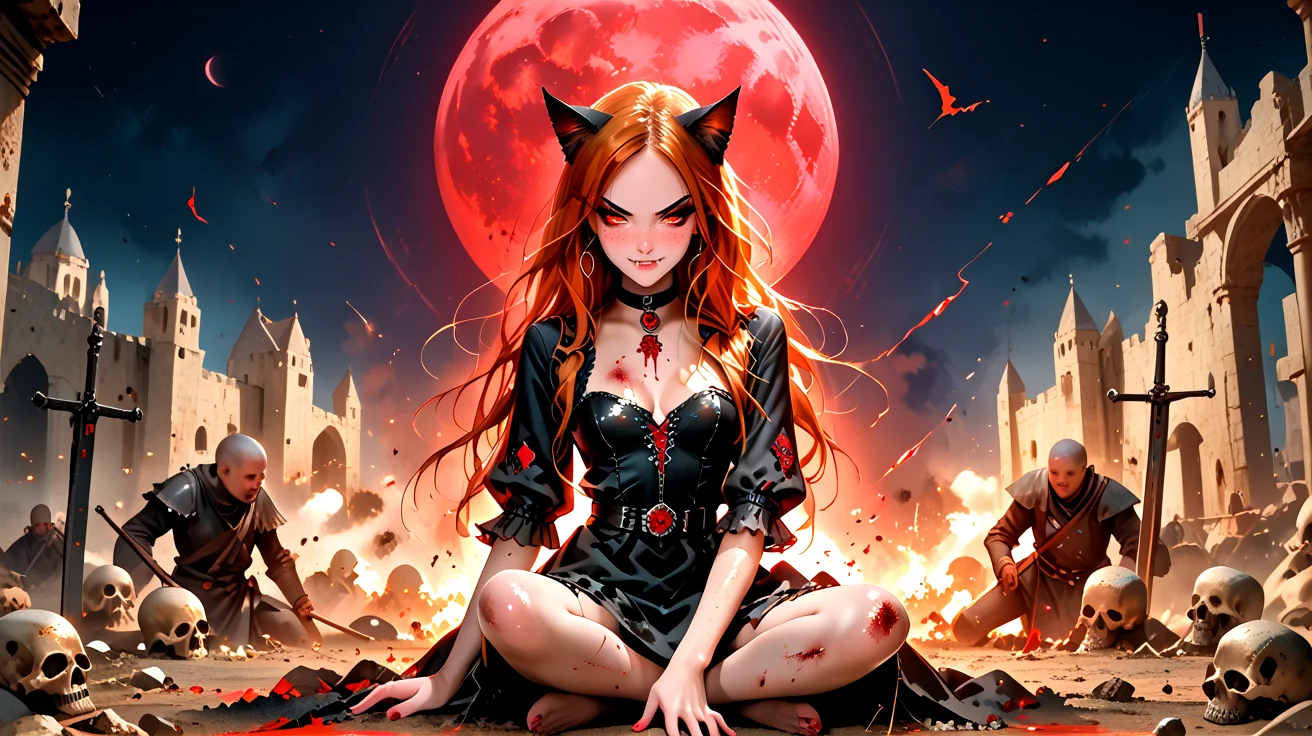 <lora:K1ttenPony-000005:0.6> k1ttenpony, wild ginger hair, ginger cat ears, (blush:1.3), medium breasts, cleavage, 
<lora:DetailedEyes_V3:0.8>, (eyeliner), closed mouth smirk, small fangs, (red eyeshadow:0.8), 
cute, (petite), sultry look, seductive, 
(Full body shot:0.7), 
PonyScores7,
(cameltoe:0.6), 
glistening shiny skin, sexy,
masterpiece, (goosebumps:0.5), subsurface scattering, ultra realistic, (textured skin:1.3), visible skin detail, skin fuzz,
red eyes, sexy black necromancer attire, black clothing, damaged clothing, nighttime scene, ancient battlefield, bones on ground, 
<lora:MythP0rtr4itStyle:0.6> mythp0rt, evil atmosphere, blood magic, blood red moon background, medieval battlefield background <lora:g0th1cPXL:0.6> g0thicPXL, glowing, neon