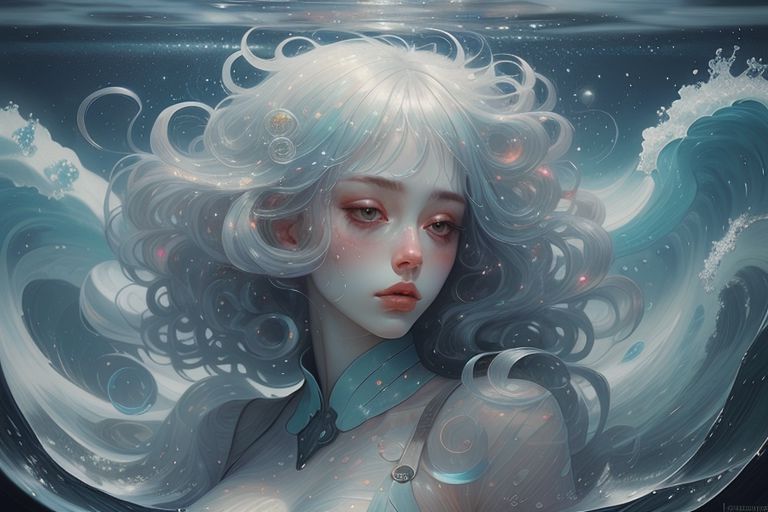 score_9, score_8_up, score_7_up, 1girl, underwater, sea, shimmering waves, luminescent water surface, ethereal, cosmic hair, night