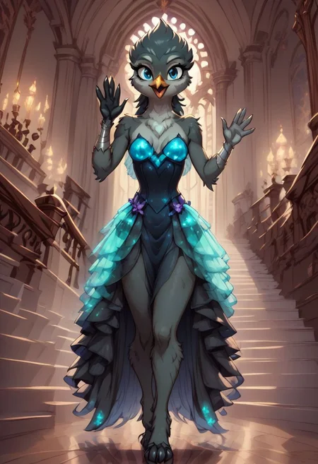 score_9, score_8_up, score_7_up, anthro,
(((Gabby))), Griffon,
facing viewer, front view, female focus, view from chesthight,
g5, pony, female, mare, tail, dock, solo, 1girl, highly detailed, beautiful, detailed eyes, detailed fur, beautiful eyes, (tall), ((perfect body proportions), (beautiful long legs),
small breasts, show accurate skin colour,
long hair, fluffy hair, biggest hair,
(((walking ((down)) a grand staircase))), (((waving to viewer))), ((happy, excited, smiling at viewer invitingly)),
(((wearing a beautiful eyecoloured bioluminescent shoulderfree ballgown))), glowing ballgown,
BREAK,
highly detailed background, (((nighttime))), night
inside Canterlot castle, ballroom, ((grand staircase)), mirror marble floor, (((dimmed lights in the room))),