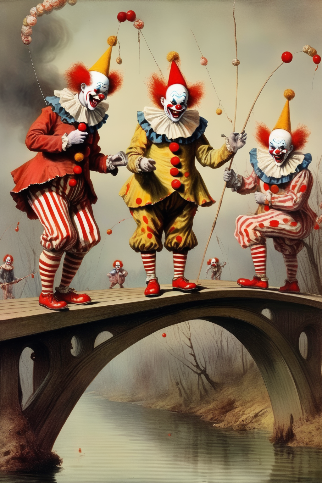 <lora:Richard Dadd Style:1>by Richard Dadd Style - creepy scary nightmare clowns fishing on a bridge with dynamite painted