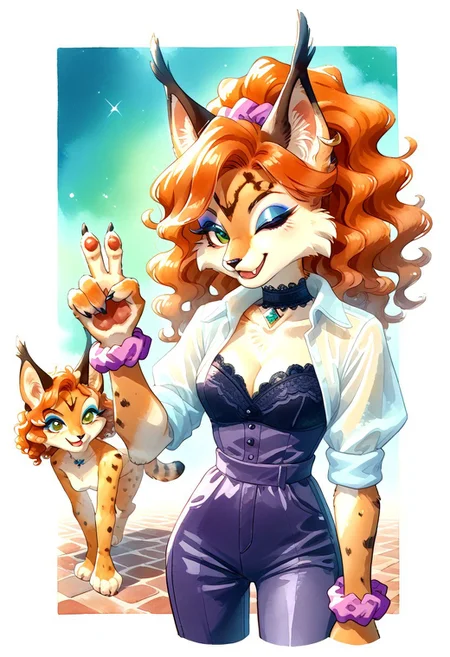 score_9, score_8_up, score_7_up, ohr_cn, traditional media, watercolor (medium), source_furry, Slender, slim, fit, adult female lynx, green eyes, (eyeliner:1.9), (eyeshadow:1.9), feminine eyelashes, (paws:1.3), small claws, fang, paw pads, (wavy hair, orange hair, violet highlghts:1.4), (scrunchie:1.3), jewel choker, bracelets, open-toe stockings, leg up, cheerful expression, smile, wink, furry, (lace trim:2), glitter shirt, cutout shirt, cleavage, bow detailing, (correct anatomy:2), Miyu, standing pose, view from behind