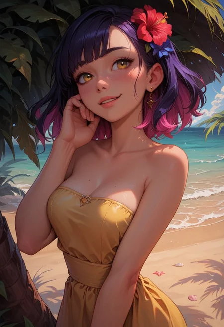score_9_up, score_8_up, score_7_up, score_6_up, 1girl, 25 years old, perfect face, cute, petite,
yellow eyes,
medium hair, multicolored hair, pink hair, purple hair, blue hair, hair flower, bangs,
hand on own ear,
yellow sundress, sleeveless dress, strapless dress,
cowboy shot, legs,
shy smile,
beach,