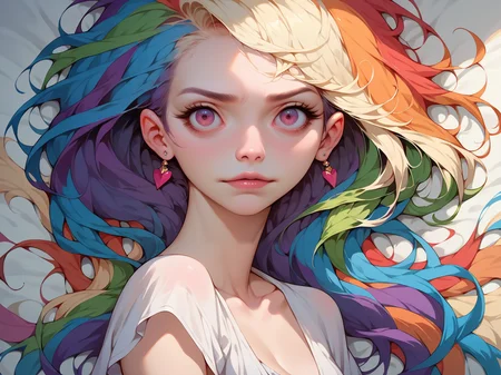 score_9, score_8_up, score_7_up, score_6_up, <lora:MJXLP:0.7> mj, solo, 1girl, multicolored, rainbow,
