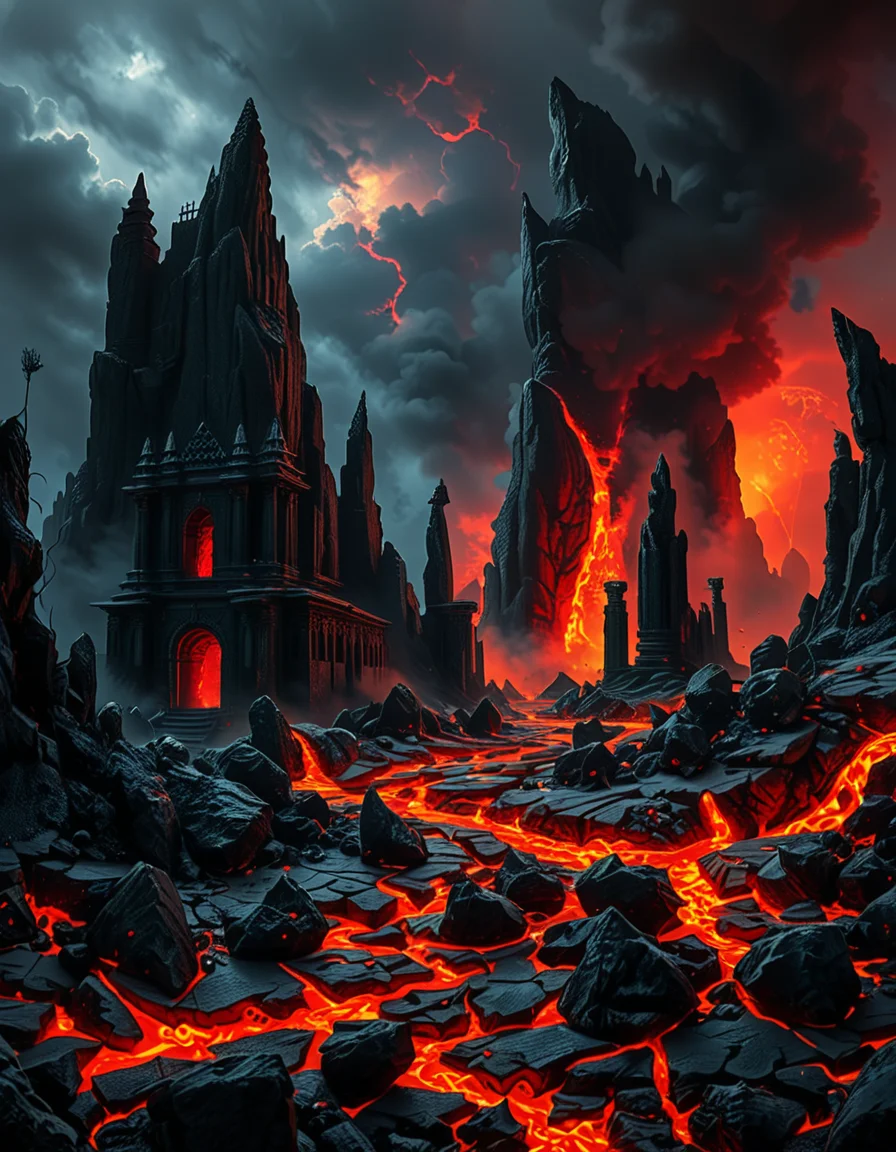 A terrifying and surreal depiction of the depths of Hell. The landscape is vast and nightmarish, filled with jagged obsidian cliffs, rivers of molten lava, and towering spires of blackened rock. The sky is a swirling vortex of crimson and black, illuminated by eerie, flickering flames. Chains dangle from massive, decaying arches, and tormented souls writhe in agony, their ghostly figures stretching toward the burning sky. Demonic creatures with twisted horns and glowing eyes lurk in the shadows, watching hungrily. The ground is cracked and scorched, exhaling thick plumes of sulfuric smoke. In the distance, a colossal, menacing throne made of skulls and bones looms over the infernal landscape, occupied by a shadowy, horned figure. The atmosphere is thick with despair, enhanced by a dramatic, chiaroscuro lighting effect that contrasts the deep shadows with the hellish glow of the flames. Hyper-realistic, highly detailed, dark fantasy style.
<lora:SDXLFaeTastic2400:0.4> <lora:extremely_detailed:0.4> extremely detailed,<lora:depths_of_h3ll:1>,depths of h3ll, Masterpiece,best quality,hi res,8k,hi res,8k,award winning,(sharp focus, intricate, highly detailed),