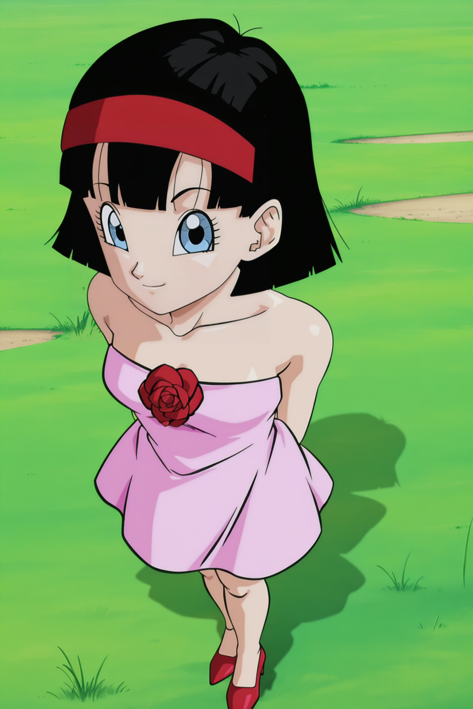 anime screencap, absurdres, high quality, 
videl, dragon ball super, pink formal dress, official style, 1girl, solo, looking at viewer, smile, short hair, bob cut, blue eyes, nature, black hair, outdoors, bare shoulders, full body, red high heels, rose, arms behind back, red footwear, pink dress, two tone dress, over shoulder, red hairband, from above, bangs, collarbone, raised eyebrows, short dress, strapless dress, closed mouth, eyelashes, dappled sunlight, grass, field, 
 <lora:Videl:0.8>