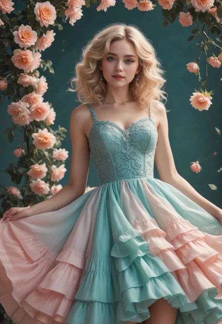 full height view, Romantic Rosette dress,  low angle shot, (Surreal), (illustration), (Resolution enhancement), (8k), (Very detailed), (Best illustration), (Beautiful and delicate eyes), (best quality), (Super detailed), (masterpiece ), ( wallpaper), (Detailed face),one blonde, curls,(High top fade in and out:1.3), (Smile brightly, bright look), dark theme, soothing tone, pastel colors, high contrast, (natural skin texture, Surreal N;NI, soft light, Impatient),exposure blending, medium shot, Bokeh, (human development report:1.4), high contrast, (Movie, teal and orange:0.85), (pastel colors, fade, soothing tone:1.3), high saturation, (Super detailed:1.2)