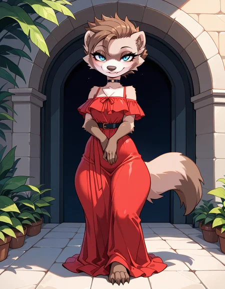 masterpiece, best quality, very aesthetic, absurdres,
outdoors,
full body, seductive smile, parted lips, long eyelashes,
<lora:MiX_v01_NAIXL:1>
M1x,1girl,solo,furry,furry female,brown hair,short hair,blue eyes,snout,animal nose,fang,choker,body fur,two-tone fur,browm fur,claws,white fur,tail,