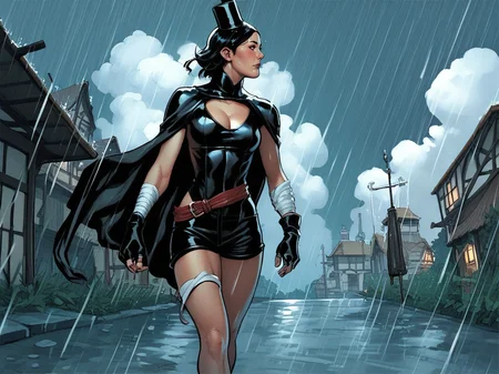 adult woman, blush, black hair, glossy lips, kabuto hat, chest sarashi, black cape, fingerless gloves, black shorts, bandages on thighs, belts, walking, looking to the side, rain, village, clouds, thighs, wide shot, <lora:FrankChoStyleV1:0.8>, score_9, score_8_up, score_7_up