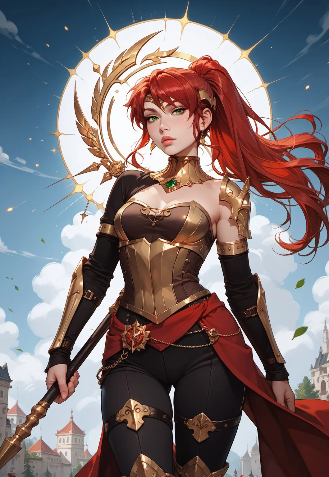 safe_pos, masterpiece,best quality, highly detailed, score_9, score_8_up, score_7_up, score_6_up, score_5_up, score_4_up, Expressiveh, pyrrha nikos, red hair, green eyes, armor, 30yo, adult lustful confident woman, petite, slender body, perky saggy natural breasts, full lips, bangs, sidelocks, straps, holding spear, holding shield,
chinese magical sorceress, animated, swirling magic, wisps of magic, dancing pose, tight squeezed outfit, magical accessories, evoking motion, conveying motion, dynamic splash art