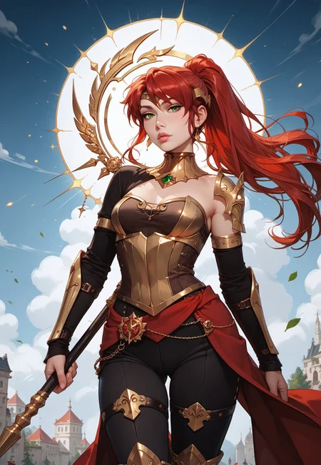 safe_pos, masterpiece,best quality, highly detailed, score_9, score_8_up, score_7_up, score_6_up, score_5_up, score_4_up, Expressiveh, pyrrha nikos, red hair, green eyes, armor, 30yo, adult lustful confident woman, petite, slender body, perky saggy natural breasts, full lips, bangs, sidelocks, straps, holding spear, holding shield,
chinese magical sorceress, animated, swirling magic, wisps of magic, dancing pose, tight squeezed outfit, magical accessories, evoking motion, conveying motion, dynamic splash art