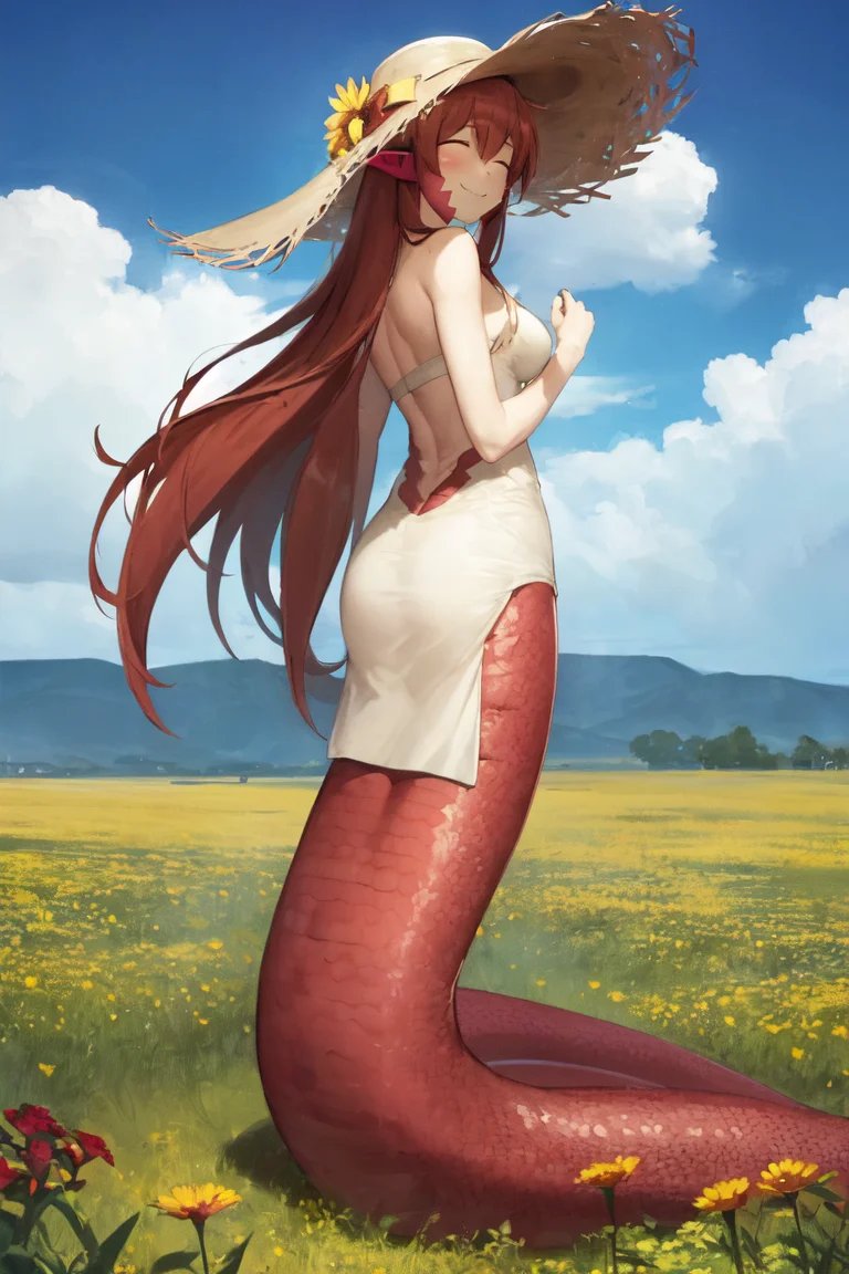 masterpiece, best quality, 1girl, solo, miia, facial mark, smile, closed eyes, dress, sun hat, standing, looking back, full body, outdoors, flowers, meadow, blue sky, clouds <lora:resize:1>