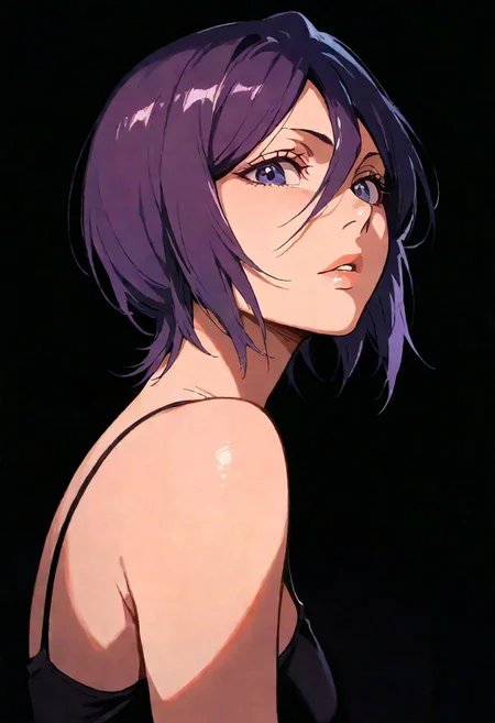 1girl, Rukia (Bleach), lips, thin lips, parted lips, solo, looking at viewer, camisole, upper body, dark, underlightling, masterpiece, best quality, very aesthetic, purple hair, bob haircut,