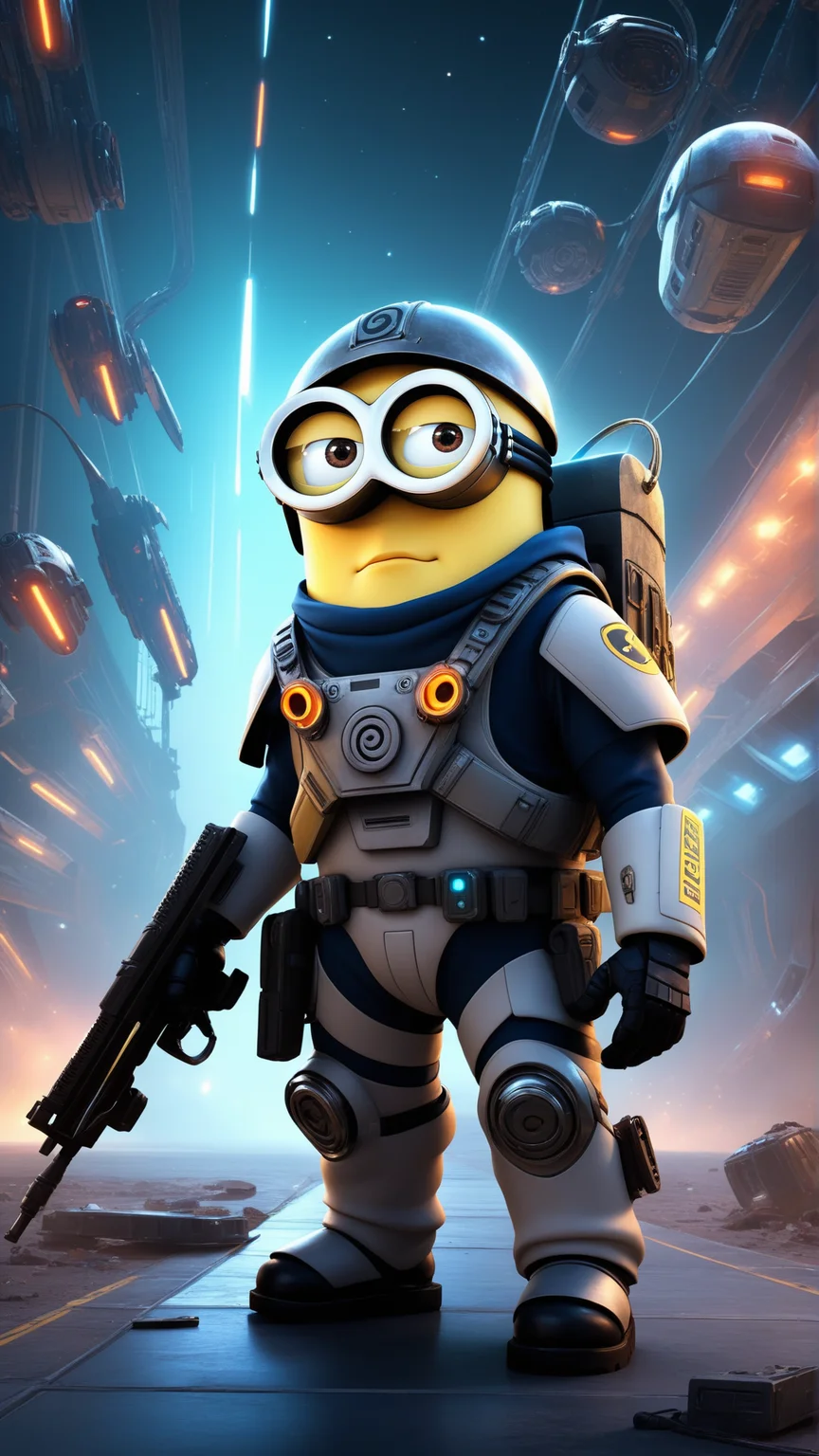 fantasy, archaeology theme, <lora:MinionStyleXL:1> MinionStyle Style-GravityMagic, solo, half shot, looking at viewer, detailed background, detailed face, (<lora:postapocalypseAI:0.4>, postapoAI, post-apocalyptic theme:1.1), cyborg assassin, specialist soldier, wearing battle-gear, gadgets, scars, helmet, flag, stoic, taking cover, dynamic movement, power-core, glowing neon lights, fleet of spaceships in background, floating particles, particle effects, intense atmosphere, as a minion