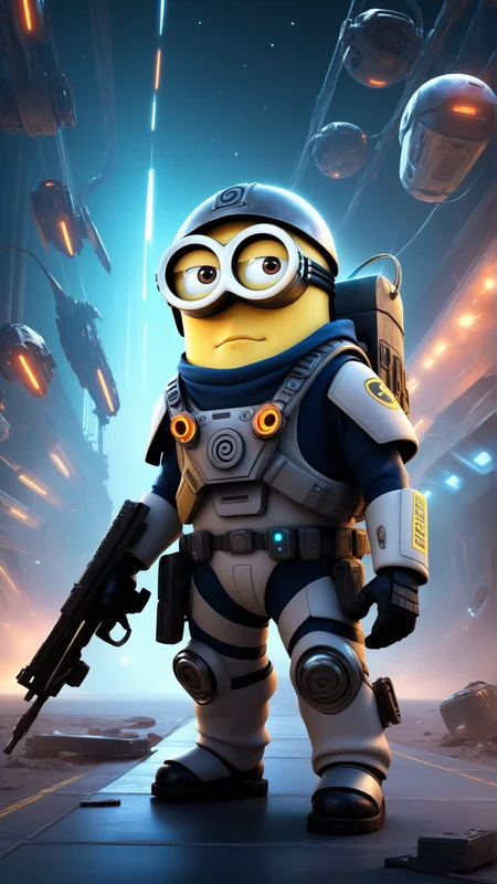 fantasy, archaeology theme, <lora:MinionStyleXL:1> MinionStyle Style-GravityMagic, solo, half shot, looking at viewer, detailed background, detailed face, (<lora:postapocalypseAI:0.4>, postapoAI, post-apocalyptic theme:1.1), cyborg assassin, specialist soldier, wearing battle-gear, gadgets, scars, helmet, flag, stoic, taking cover, dynamic movement, power-core, glowing neon lights, fleet of spaceships in background, floating particles, particle effects, intense atmosphere, as a minion