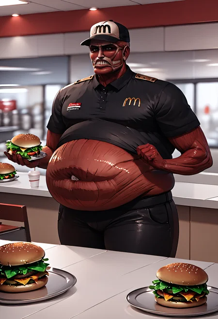 <lora:colossaltitan_aot_xypher_pdxl_v1:1> score_9, score_8_up, score_7_up BREAK source_anime, colossal titan, bald, red skin, teeth,  <lora:McDonaldsUniform_pdxl_Incrs_v1:1> employee uniform, mcdonald's, black shirt, black pants, hat, holding tray, burger,   <lora:spsaggyBellyXLPony:1> saggy belly, big belly, fat belly