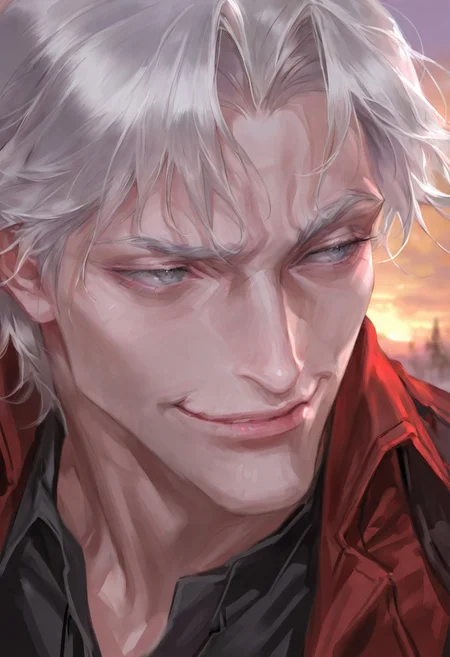 masterpiece, very aesthetic, absurdres, best quality, detailed face, detailed eyes, intricate details, 1boy, solo, dante, smile, smirk, single eyebrow up, white hair, curtained hair, armor, open jacket, shoulder armor, red jacket, shirt, coat, black shirt, jacket, grey eyes, closeup, portrait, outdoors, sunset, fantasy, cinematic, bm94199