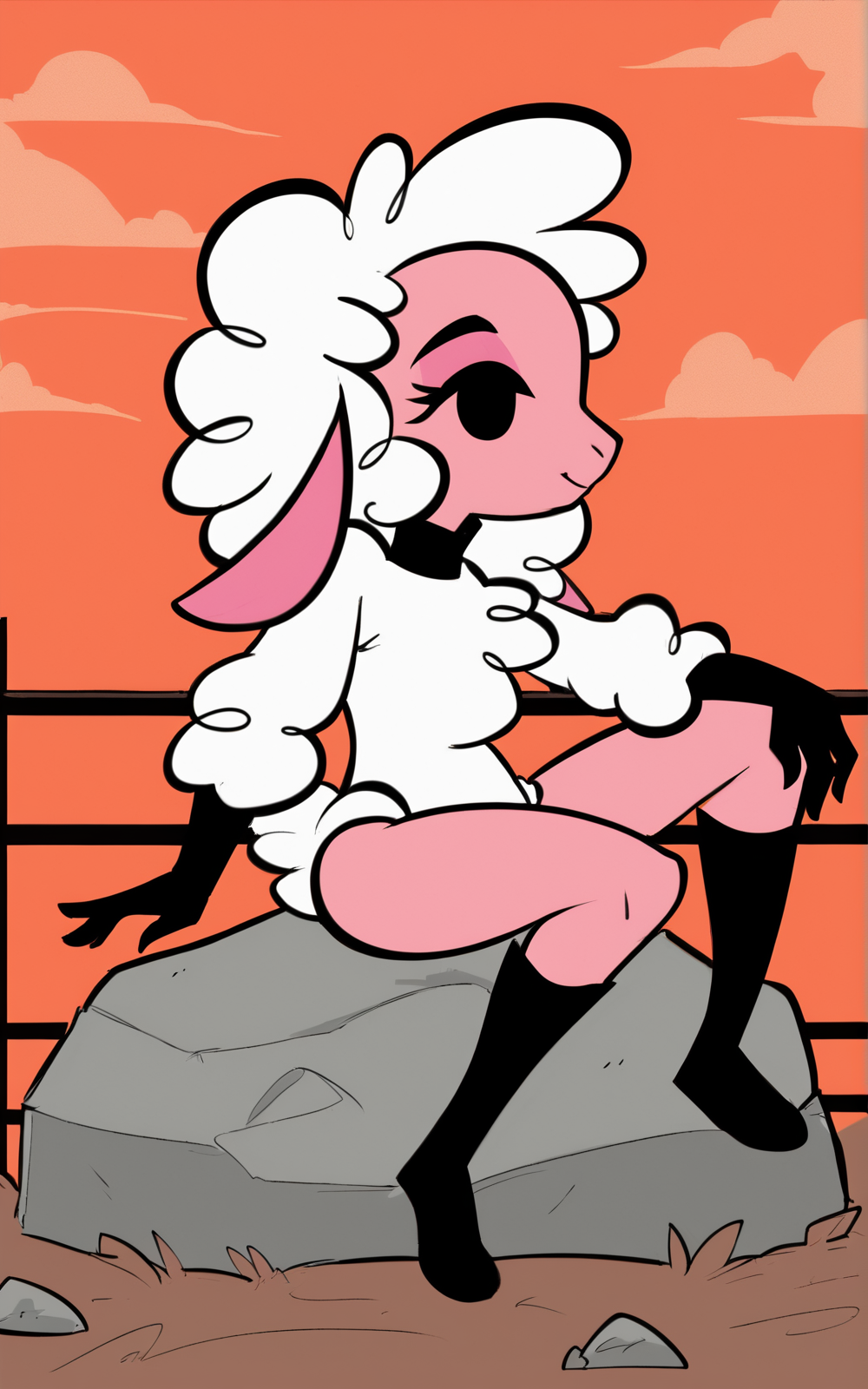 score_9, score_8_up, score_7_up,((best quality)), absurdres,((full body)),  <lora:3d-2d:0.8>,  <lora:LeggyLambPXL:0.8>,LeggyLambPXL,sheep ears, black gloves, long sleeves, gloves, furry, goat ears, white leotard, pink skin,black eyes, wool,body wool, kneehigh boots, slim skinny,farm, orange sky, sun,sitting on a rock,white hair,solo