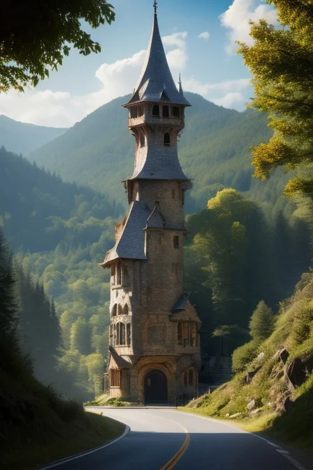realistic analog photo, award winning photo, stone witow, no humans, scenery, blue sky, road, nature, outdoors, RAW, highres, 8k, uhd, High Dynamic Range, tonemapping, crisp details, portcullis,