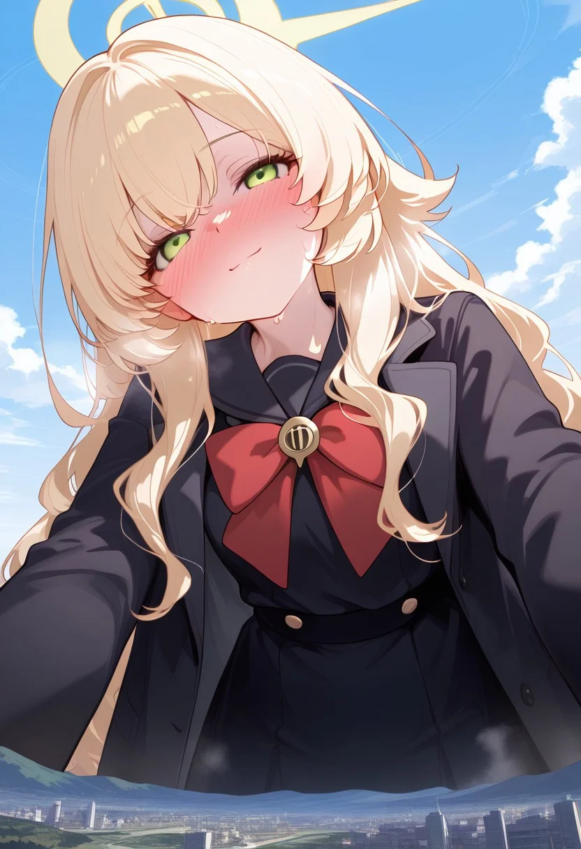 1girl, lmasterpiece, best quality, absurdres, ultra detailed, sweat, steam, imminent , detailed face,perfect eyes,easynegative,Close view,viewer is directly under model, ((super close-up view)),from below,((Ultra-low viewing angle)),(The angle of view looking up),(shaded face:0.7),(empty eyes:0.7),head tilt,yandere,yandere makeup, (love blush:1.5), half-closed eyes, glowing-eyes, smile,
close view good proportions,
((from below)),low shot,(The angle of view looking up),
professor niyaniya \(blue archive\),(blonde hair),halo,long hair, messy hair, sidelocks, green eyes,
(Dense urban clusters),micro architecture,close view good proportions,above the city, (shrunken city :1.4), (shrunken cityscape:1.3), micro cityscape, clouds on background, solo, ((landscape)), low horizon line, mountains, lakes, white cloud,tiny castle,Macro