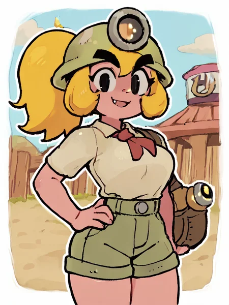 goombella, thick eyebrows, 1girl, pink skin, helmet,blonde hair,fang,outdoors,shorts, ponytail, score_9, score_8_up, score_7_up, score_6_up, score_5_up, score_4_up <lora:Goombella_PDXL:1> <lora:PaperPeachPony1.0:1> , solid oval eyes, white outline,, smile, outdoors, looking at viewer, hand on own hip,