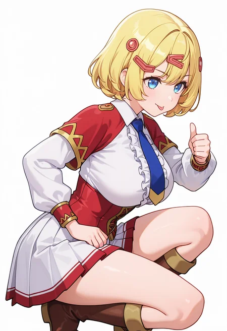 Smooth Quality,masterpiece,very intricate, high quality details, ultra realistic, high detailed skin,detailed enviorement,absurdres,
thumbs up,solo,
 <lora:Esyne_CNR:0.8> esyne_cnr, blue eyes, blonde hair, short hair,large breasts, hair ornament, hairclip, 
white shirt, red corset,blue necktie,long sleeves,red capelet,white skirt, pleated skirt, knee boots, center frills,, simple background, white background, from side,
crouching, one hand on ground, other on knee, intense gaze, balanced stance,  ,, ;p,